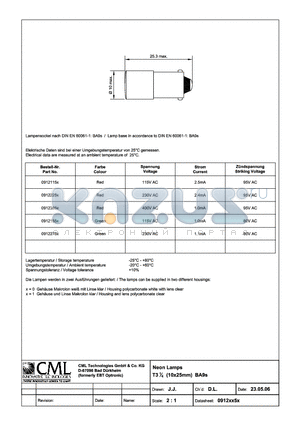 0912115X datasheet - Neon Lamps T31/4(10x25mm) BA9s