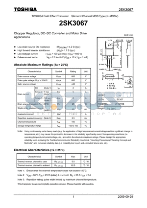 2SK3067 datasheet - Chopper Regulator, DCDC Converter and Motor Drive