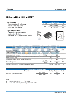 AO6404 datasheet - N-Channel 20-V (D-S) MOSFET White LED boost converters