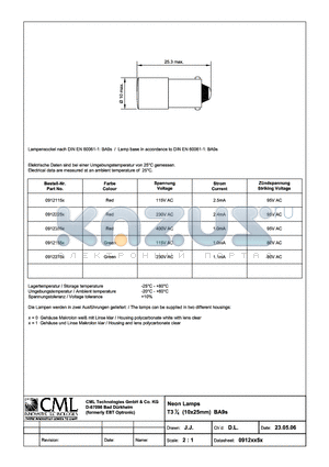 0912XX5X datasheet - Neon Lamps T31/4(10x25mm) BA9s