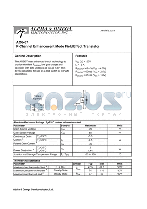 AO6407 datasheet - P-Channel Enhancement Mode Field Effect Transistor