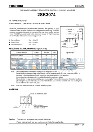 2SK3074 datasheet - SILICON N CHANNEL MOS TYPE RF POWER MOSFET FOR VHF−AND UHF-BAND POWER AMPLIFIER