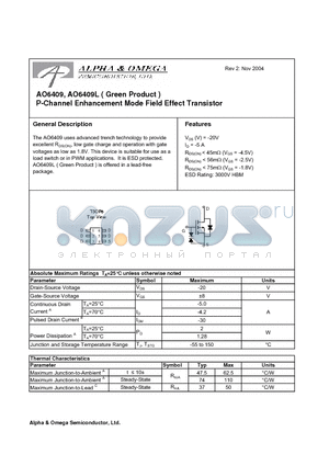 AO6409L datasheet - P-Channel Enhancement Mode Field Effect Transistor