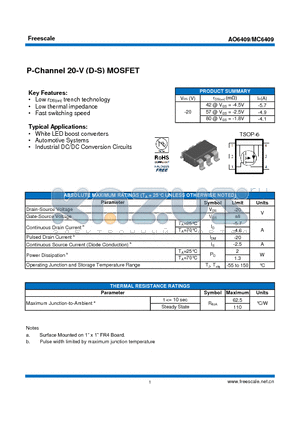 AO6409 datasheet - P-Channel 20-V (D-S) MOSFET White LED boost converters