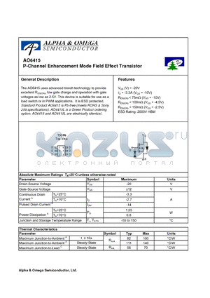 AO6415 datasheet - P-Channel Enhancement Mode Field Effect Transistor