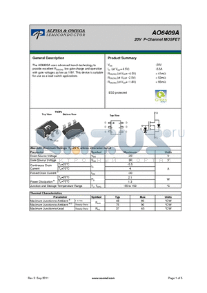AO6409A datasheet - 20V P-Channel MOSFET