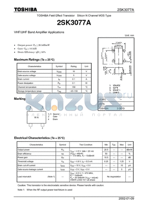 2SK3077A datasheet - VHF/UHF Band Amplifier Applications