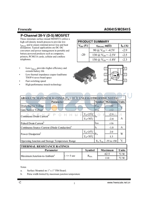 AO6415 datasheet - P-Channel 20-V (D-S) MOSFET High performance trench technology