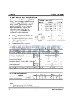 AO6601 datasheet - N & P-Channel 32-V (D-S) MOSFET High performance trench technology