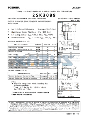 2SK3089 datasheet - N CHANNEL MOS TYPE (HIGH SPEED, HIGH CURRENT SWITCHING, CHOPPER REGULATOR, DC-DC CONVERTER AND MOTOR DRIVE APPLICATIONS)