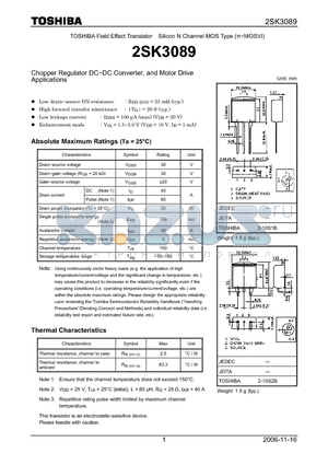 2SK3089 datasheet - Silicon N Channel MOS Type Chopper Regulator DC−DC Converter, and Motor Drive Applications