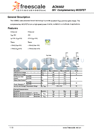 AO6602 datasheet - 30V Complementary MOSFET