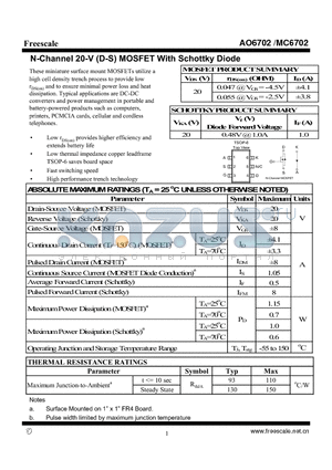 AO6702 datasheet - N-Channel 20-V (D-S) MOSFET With Schottky Diode Fast switching speed