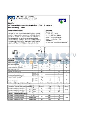AO6702L datasheet - N-Channel Enhancement Mode Field Effect Transistor with Schottky Diode
