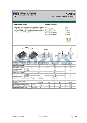 AO6800 datasheet - 30V Dual N-Channel MOSFET