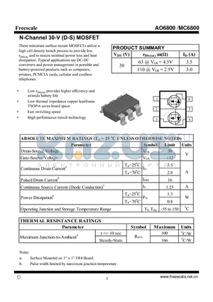 AO6800 datasheet - N-Channel 30-V (D-S) MOSFET High performance trench technology