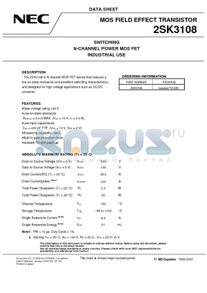 2SK3108 datasheet - SWITCHING N-CHANNEL POWER MOS FET INDUSTRIAL USE