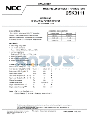 2SK3111-S datasheet - SWITCHING N-CHANNEL POWER MOS FET INDUSTRIAL USE