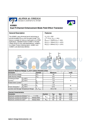 AO6801L datasheet - Dual P-Channel Enhancement Mode Field Effect Transistor
