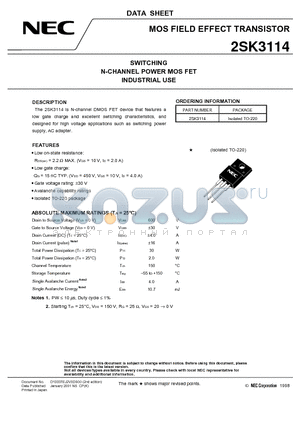 2SK3114 datasheet - SWITCHING N-CHANNEL POWER MOSFET INDUSTRIAL USE