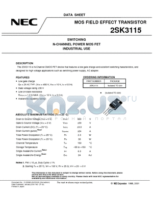 2SK3115 datasheet - SWITCHING N-CHANNEL POWER MOS FET INDUSTRIAL USE