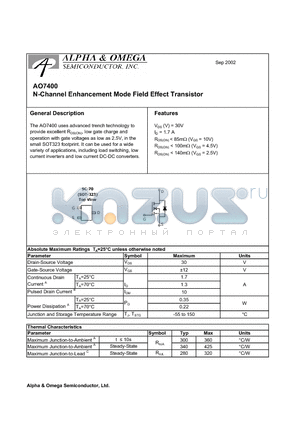 AO7400 datasheet - N-Channel Enhancement Mode Field Effect Transistor