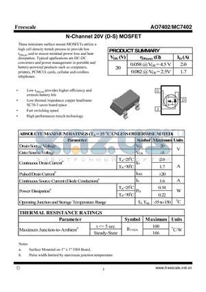 AO7402 datasheet - N-Channel 20V (D-S) MOSFET High performance trench technology