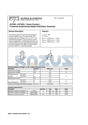 AO7403L datasheet - P-Channel Enhancement Mode Field Effect Transistor