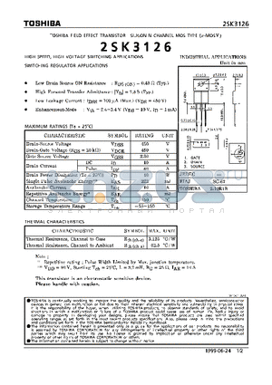 2SK3126 datasheet - N CHANNEL MOS TYPE (HIGH SPEED, HIGH VOLTAGE SWITCHING, SWITCHING REGULATOR APPLICATIONS)