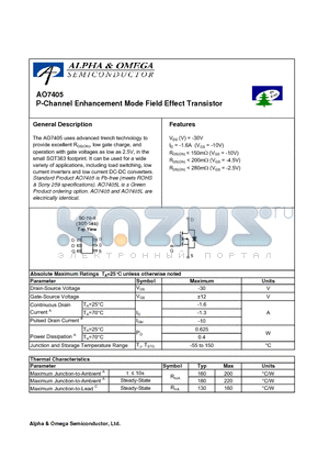 AO7405 datasheet - P-Channel Enhancement Mode Field Effect Transistor