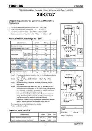 2SK3127_07 datasheet - Silicon N Channel MOS Type Chopper Regulator, DC-DC Converter and Motor Drive Applications