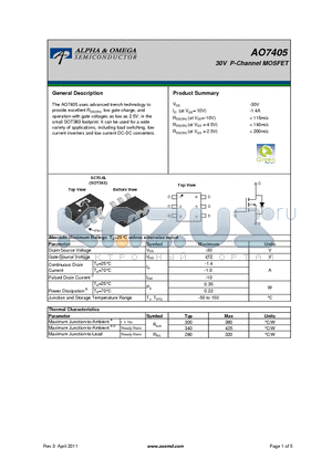 AO7405_11 datasheet - 30V P-Channel MOSFET