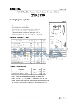 2SK3130 datasheet - TOSHIBA Field Effect Transistor Silicon N Channel MOS Type (p-MOSV)