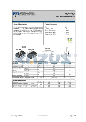 AO7412 datasheet - 30V N-Channel MOSFET