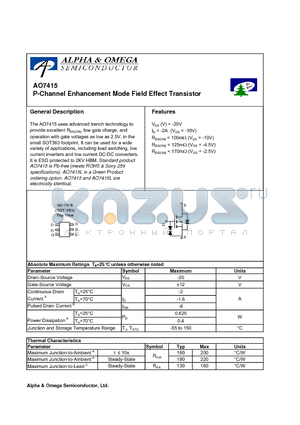 AO7415 datasheet - P-Channel Enhancement Mode Field Effect Transistor
