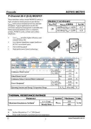 AO7415 datasheet - P-Channel 20-V (D-S) MOSFET High performance trench technology