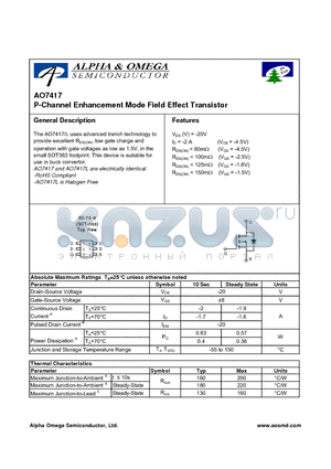 AO7417L datasheet - P-Channel Enhancement Mode Field Effect Transistor