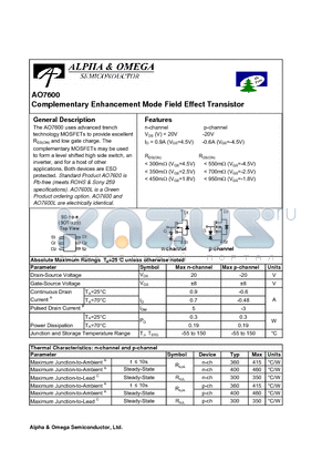 AO7600 datasheet - Complementary Enhancement Mode Field Effect Transistor
