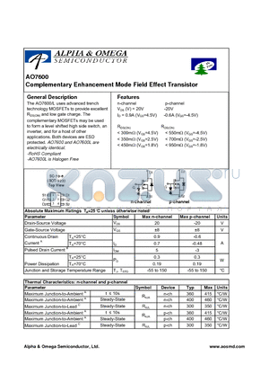 AO7600 datasheet - Complementary Enhancement Mode Field Effect Transistor