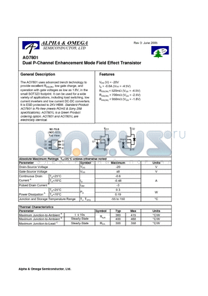 AO7801 datasheet - Dual P-Channel Enhancement Mode Field Effect Transistor