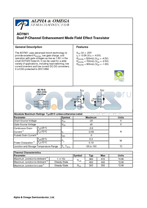 AO7801 datasheet - Dual P-Channel Enhancement Mode Field Effect Transistor