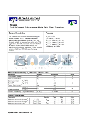 AO8803 datasheet - Dual P-Channel Enhancement Mode Field Effect Transistor
