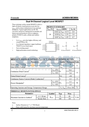 AO8804 datasheet - Dual N-Channel Logical Level MOSFET Fast switching speed