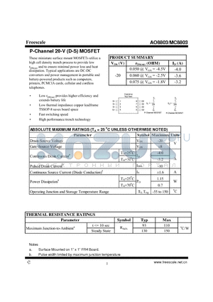 AO8803 datasheet - P-Channel 20-V (D-S) MOSFET High performance trench technology