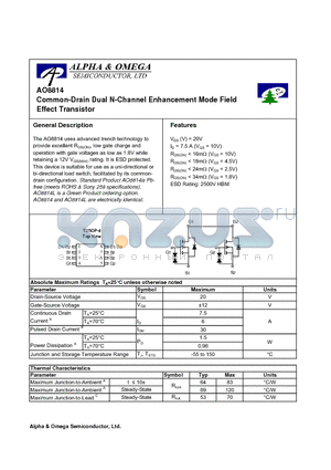 AO8814 datasheet - Common-Drain Dual N-Channel Enhancement Mode Field Effect Transistor