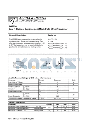 AO9926 datasheet - Dual N-Channel Enhancement Mode Field Effect Transistor