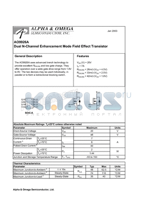 AO9926A datasheet - Dual N-Channel Enhancement Mode Field Effect Transistor