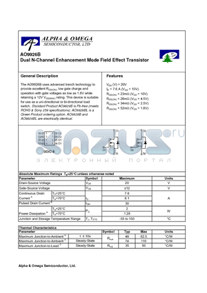 AO9926B datasheet - Dual N-Channel Enhancement Mode Field Effect Transistor