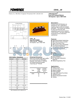 CD431640 datasheet - POW-R-BLOK Dual SCR Isolated Module 40 Amperes / Up to 1600 Volts