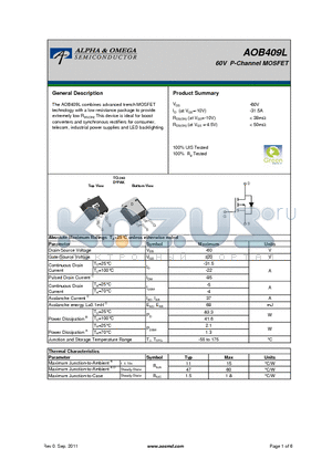 AOB409L datasheet - 60V P-Channel MOSFET